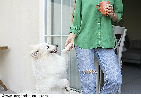 Woman shaking hand with dog outside house