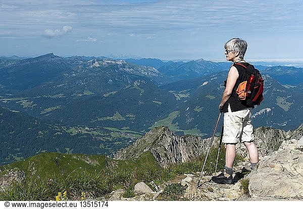 Woman standing on the summit of Mt Nebelhorn  Oberstdorf  Bavaria  Germany  Europe