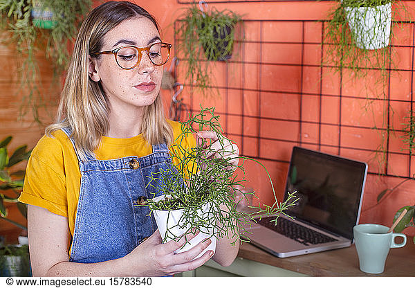 Woman taking care of a Rhipsalis plant on her terrace