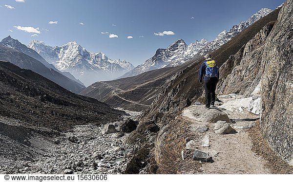 Woman trekking in the Himalayas  Nepal