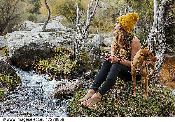 Woman using mobile phone while sitting by dog on rock in forest at La Pedriza  Madrid  Spain
