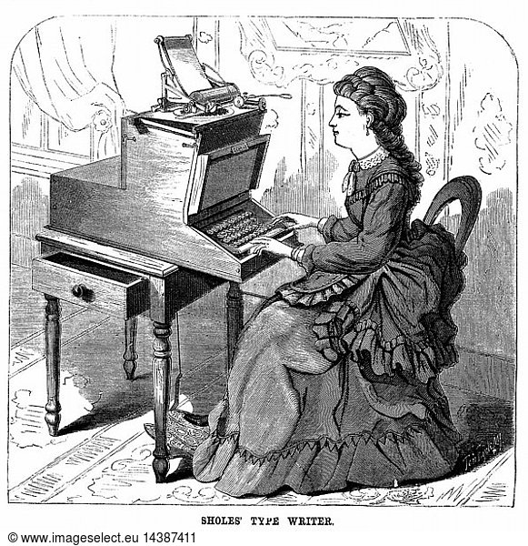 Woman using typewriter by American inventor Christopher Latham Sholes (1819-1890). Forerunner of 20th century machine  keys had piano action and the carriage moved one space to left for each character struck and keyboard had Qwerty layout. Sholes sold out to Remington in 1874. From "Scientific American" (New York 1872). Wood engraving.