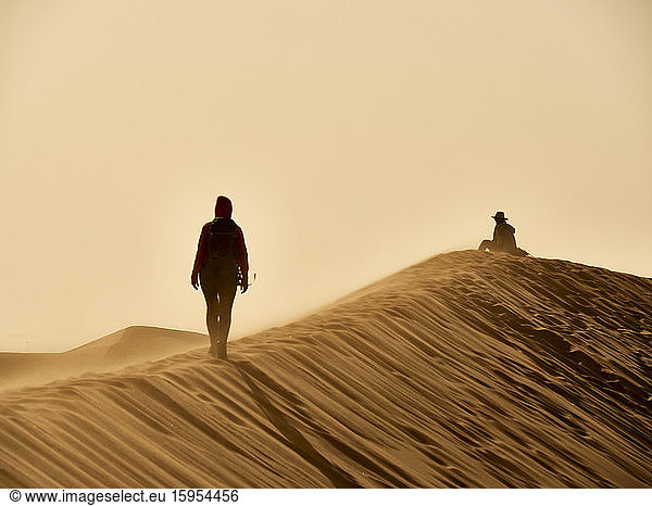 Woman walking on the ridge of a dune in the desert  Walvis Bay  Namibia
