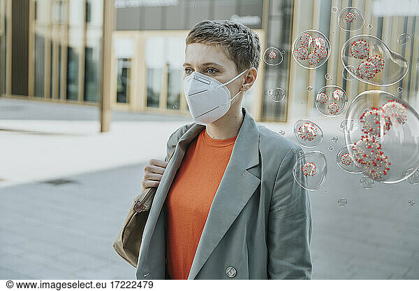 Woman wearing face mask in the city to protect herself from corona viruses