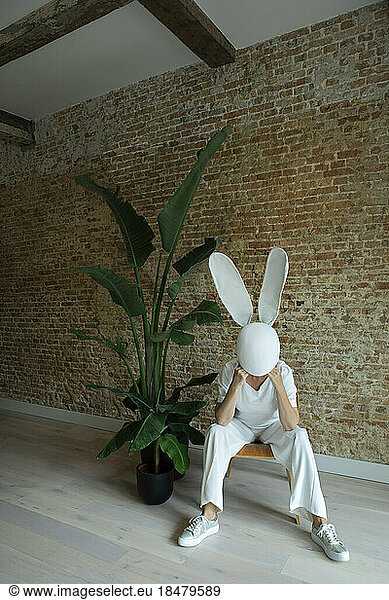 Woman wearing rabbit mask sitting on chair by potted plant