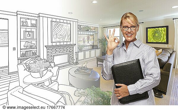 Woman with okay sign over custom bedroom drawing and photo combination