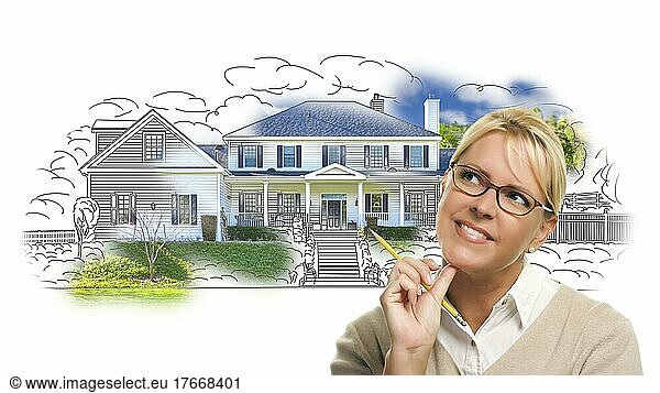 Woman with pencil over house drawing and photo combination on white