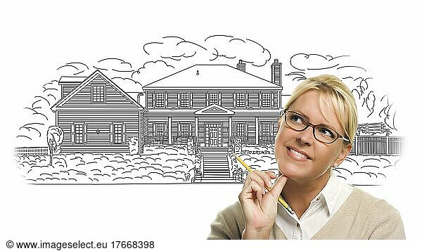 Woman with pencil over house drawing on white background