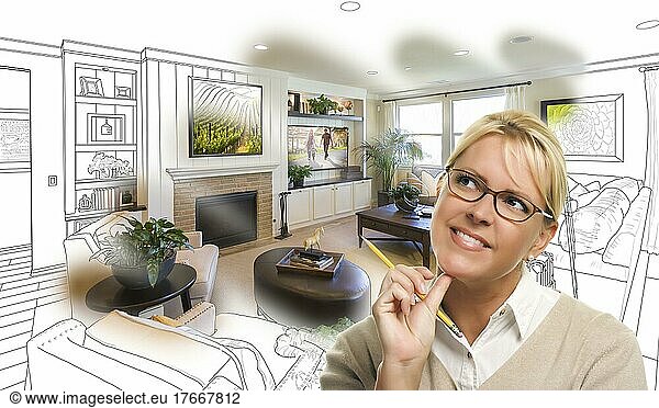 Woman with pencil over living room design drawing and photo combination