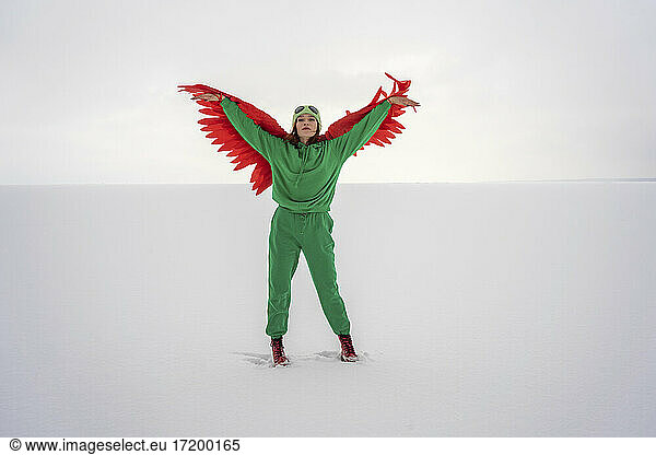 Woman with wings in bird costume standing on snow against sky