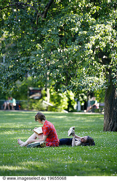 women at Kampa Park  Mala Strana  Prague  Czech Republic.