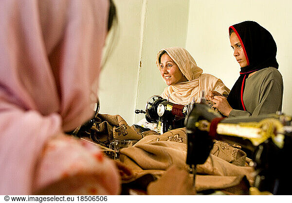 Women at work in sewing workroom in Kabul.
