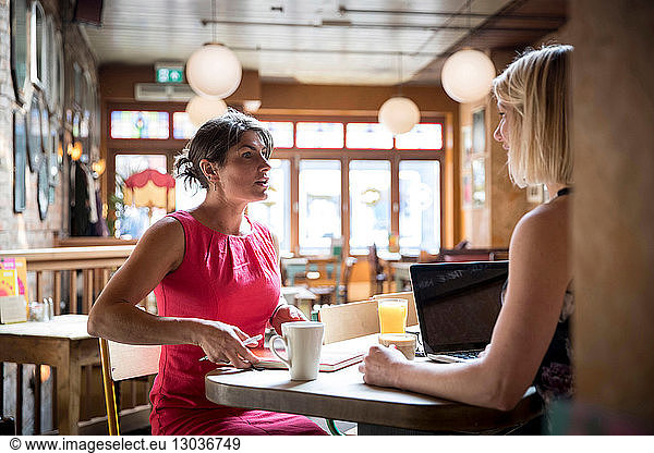 Women brainstorming business ideas in restaurant