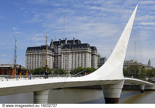 Women's rotating bridge  Puente de la Mujer  Ministry of Defence (Libertador) Building behind  Buenos Aires  Argentina  South America