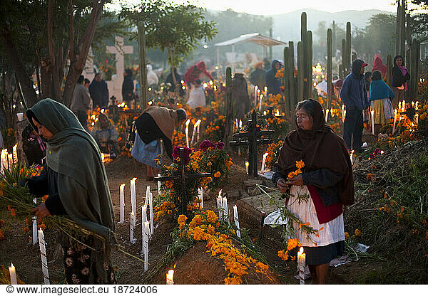 Women spread flowers on graves in honor of deceased family members for 'Dia de los Muertos' or Day of the Dead in Oaxaca  Mexico.