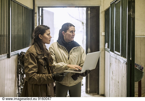 Women using laptop in horse stable