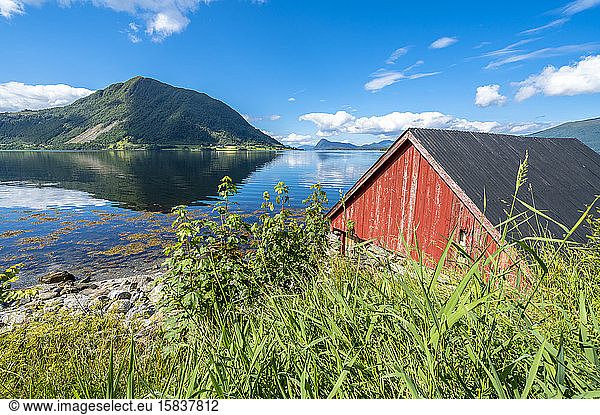 Wood hut along the fjord  More og Romsdal county  Norway