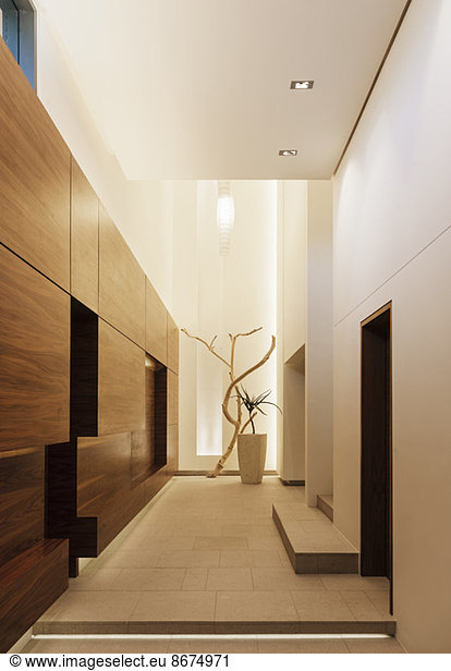 Wood paneling in modern corridor
