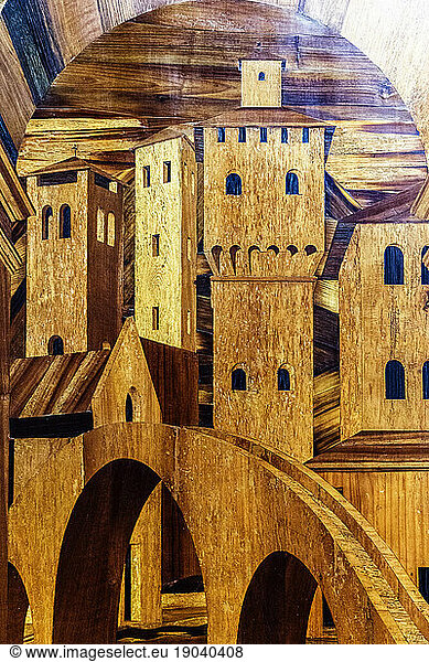 Woodcut of castle in the Museum Of Villa Mansi  Lucca  Tuscany  Italy