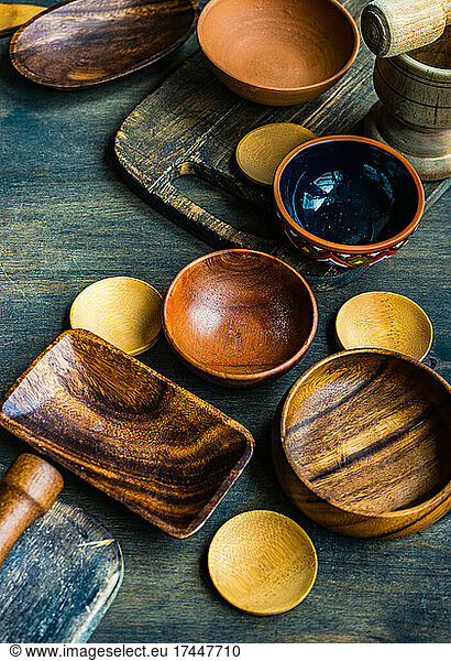 Wooden bowls on wooden table