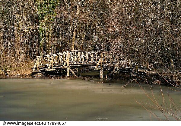 Wooden bridge over icy lake  Pforzheim  Germany  Europe