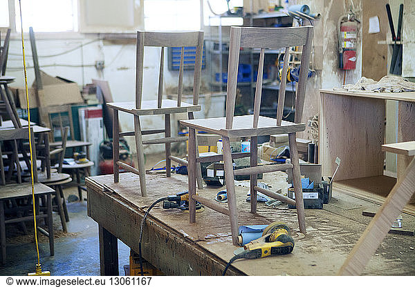 Wooden chairs and work tools at industry