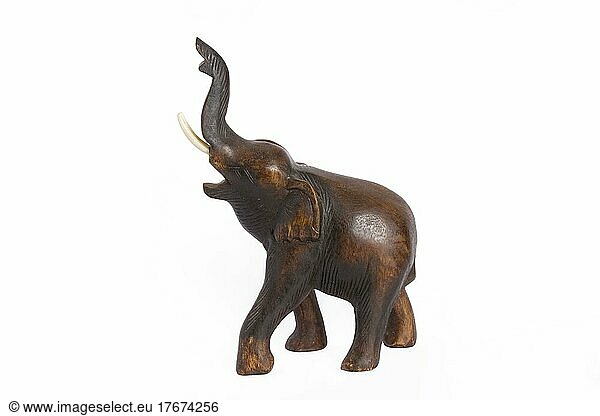 Wooden elephant figurine from Thailand before white background