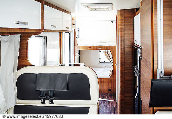 Wooden interior of clean motor home