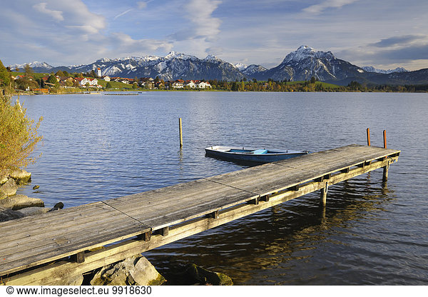 Wooden Jetty with Rowboat  Hopfen am See  Lake Hopfensee  Bavaria  Germany