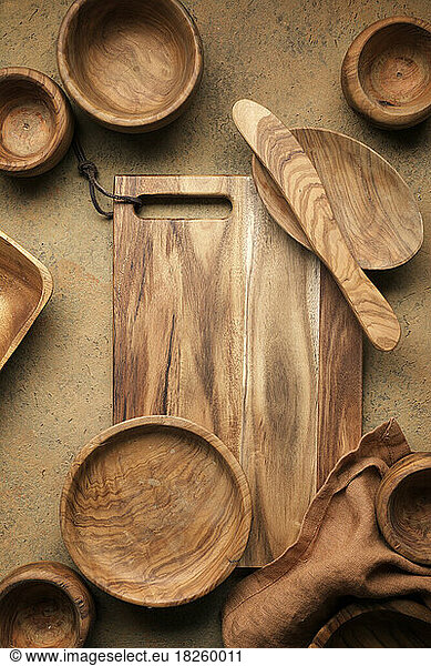Wooden kitchen utensils stacked view