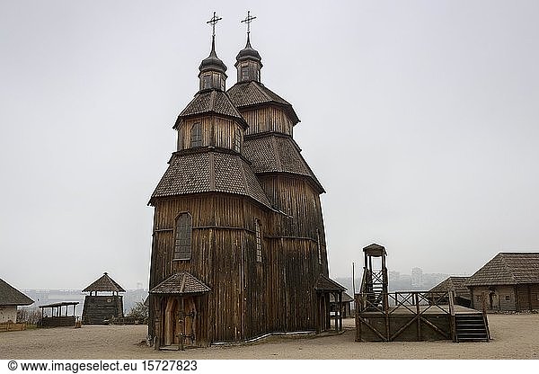 Wooden Orthodox Church in museum of Zaporizhian Cossacks Zaporizhian Sich of Khortytsia  Zaporozhye  Oblast Saporischschja  Ukraine  Europe