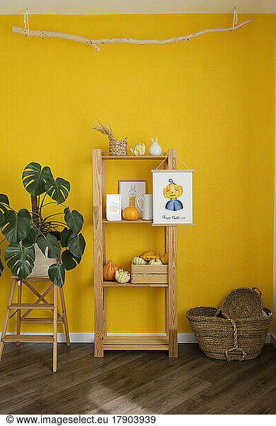 Wooden rack with decor amidst potted plant and basket in front of yellow wall