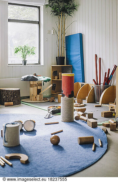 Wooden toy blocks and musical instruments on carpet