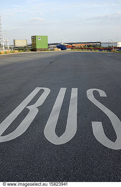 Word 'Bus' on asphalt  Hamburg  Germany
