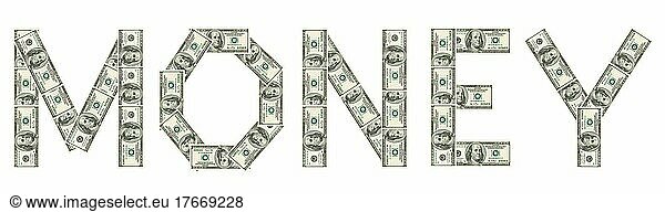 Word Money made of dollars before white background