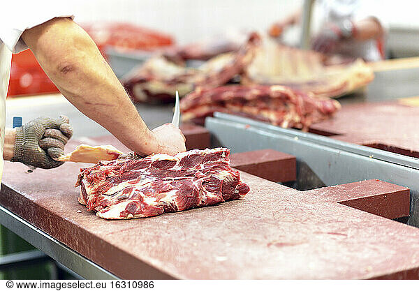 Worker in a factory preparing meat