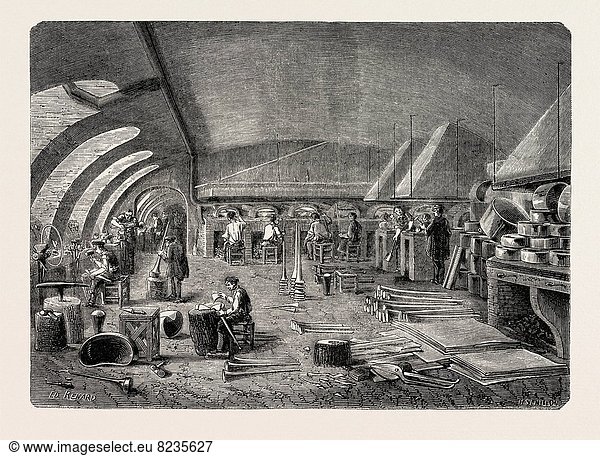 Workshop of wind instruments. engraving 1855