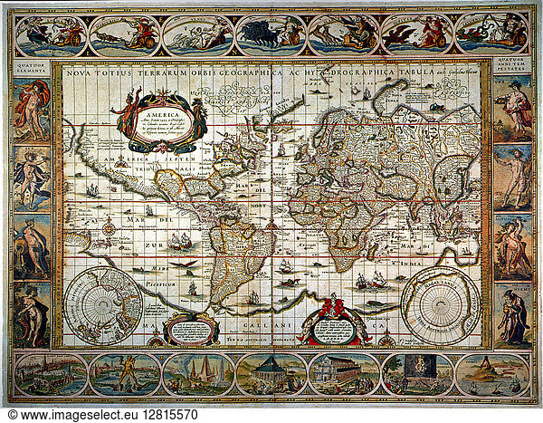 WORLD MAP WORLD MAP, 1635. By Willem Janszoon Blaeu, with two polar ...