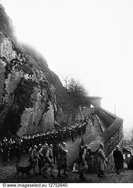 WORLD WAR I: FRANCE. French soldiers evacuating a city in France. Photographed during World War I.