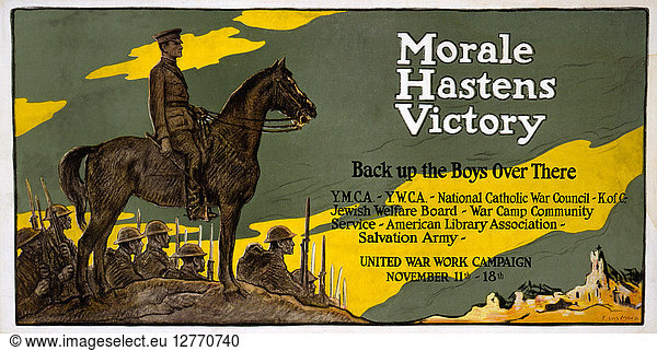 WORLD WAR I: POSTER  c1918. 'Morale Hastens Victory.' Poster for the United War Work Campaign and other charities asking for donations during the Christmas season to send to troops during World War I  c1918.