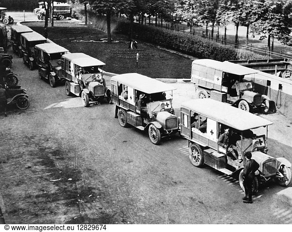 WORLD WAR I: RED CROSS. American Red Cross ambulances carrying wounded soldiers to a field hospital in France during World War I. Photograph  c1917.