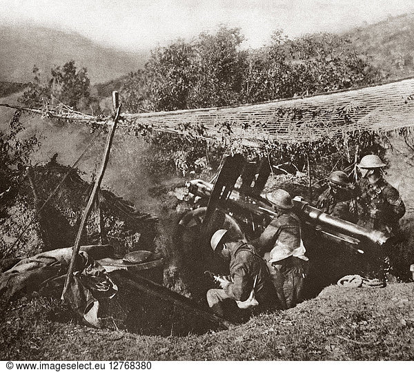 WORLD WAR I: SERBIA. British guns in action on the Lake Dorian front in Serbia. A camouflage screen hides the gun from airplanes. Photograph  c1916.