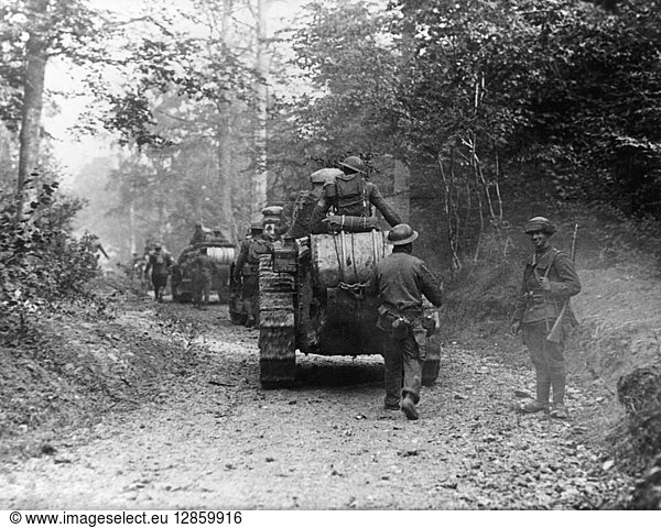 WORLD WAR I: TANK  c1917. Armored column advances down a forest road. Photograph  1917 or 1918.