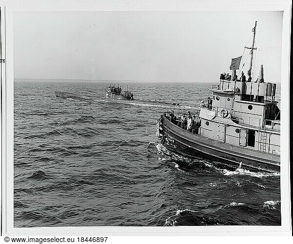 World War II / Battle of the Atlantic  1939-1945.Surrender of German U-boats: The German Submarine U-805 is escorted into Portsmouth  New Hampshire  after surrendering to U.S. Navy forces.Photo  16 May 1945.