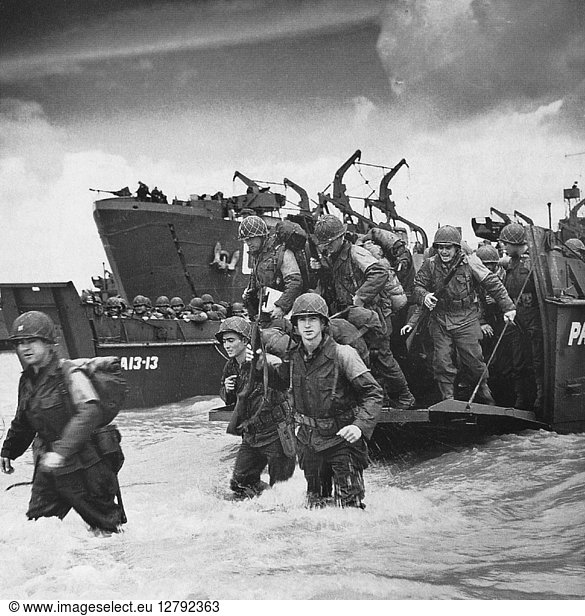 WORLD WAR II: D-DAY  1944. American soldiers landing on the coast at Utah Beach during the invasion of Normandy  6 June 1944.