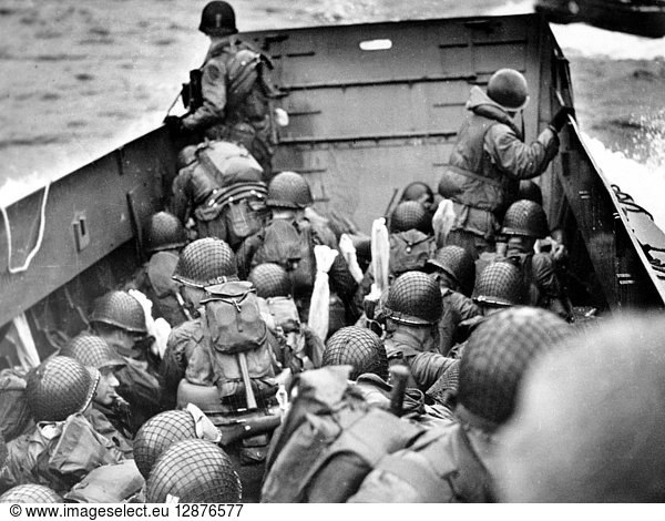 WORLD WAR II: D-DAY  1944. U.S. Army assault troops aboard the Coast Guard landing craft off the coast of Normandy  France  6 June 1944.