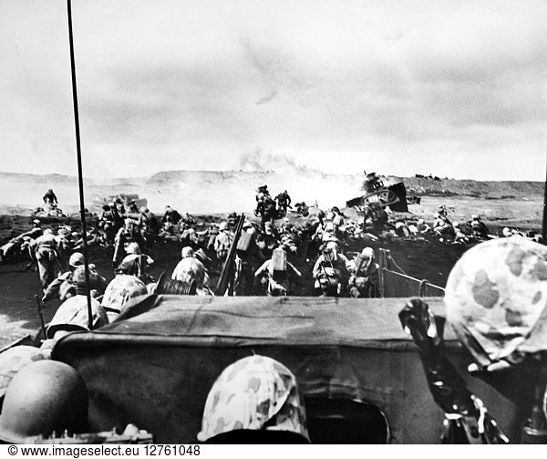 WORLD WAR II: LANDING. U.S. Marines landing on a beach during the 'island-hopping' campaign of the Pacific Theater  World War II. Photographed c1942-45.