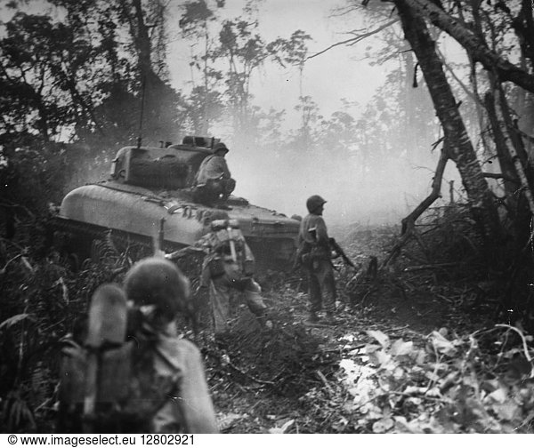 WORLD WAR II: NEW GUINEA. U.S. Marine infantry pause as a tank blasts a Japanese pillbox during the drive to capture the Japanese airfield at Cape Gloucester  on the island of New Britain  New Guinea  January 1944.