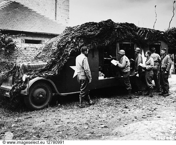WORLD WAR II: POST OFFICE. A mobile U.S. Army Post Office converted from a captured German Army vehicle. Photographed in Cherbourg  France  1944.