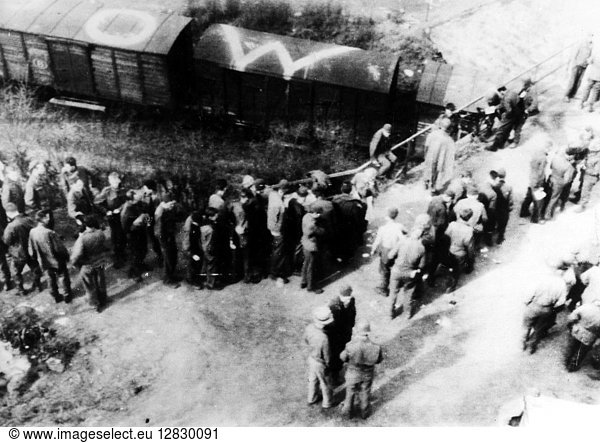 WORLD WAR II: PRISONERS. Sick and wounded American prisoners of war transported by train from Limburg to Burgsolm  Germany. Photographed 1945.